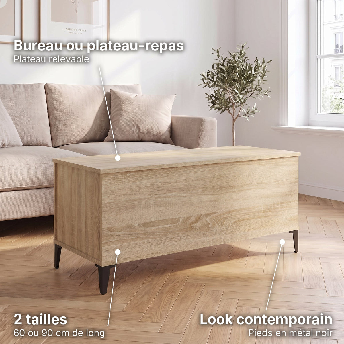 Petite table basse relevable pieds métal Elva 90 × 44,5 × 45 cm , chêne sonoma : bureau ou plateau-repas (Plateau relevable), look contemporain (Pieds en métal noir), 2 tailles (60 ou 90 cm de long) #Dimensions_90 × 44,5 × 45 cm #Couleur_Chêne sonoma