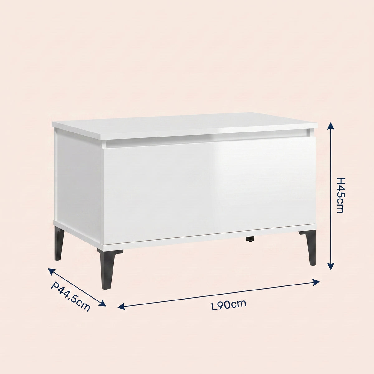 Dimensions de la table basse relevable Elva blanc brillant #Dimensions_90 × 44,5 × 45 cm #Couleur_Blanc brillant