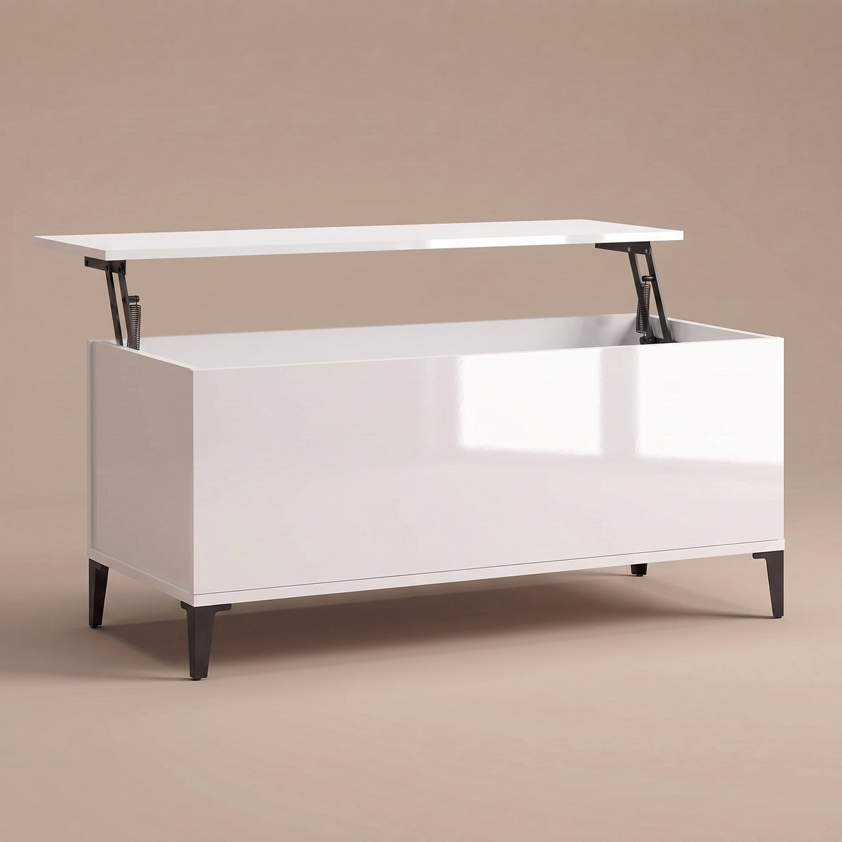 Table basse relevable Elva blanc brillant, plateau relevé sur double mécanisme à ressorts #Dimensions_90 × 44,5 × 45 cm #Couleur_Blanc brillant