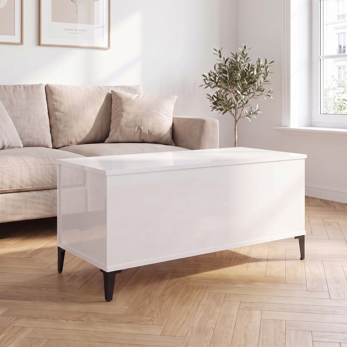 Table basse relevable Elva blanc brillant dans un salon lumineux #Dimensions_90 × 44,5 × 45 cm #Couleur_Blanc brillant