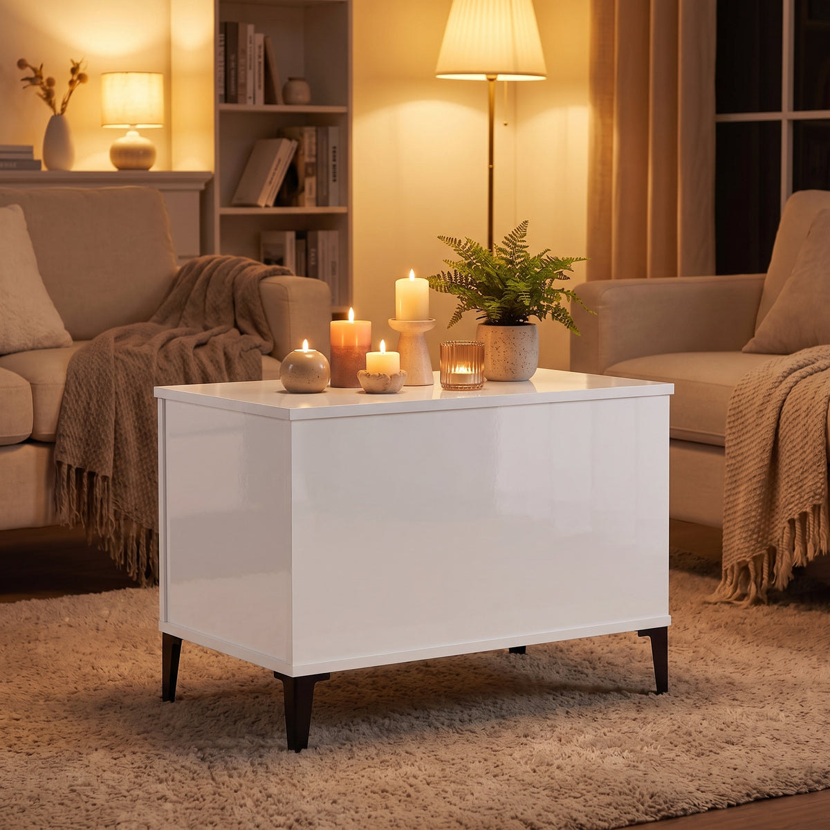 Table basse relevable Elva blanc brillant, ambiance du soir aux bougies #Dimensions_60 × 44,5 × 45 cm #Couleur_Blanc brillant
