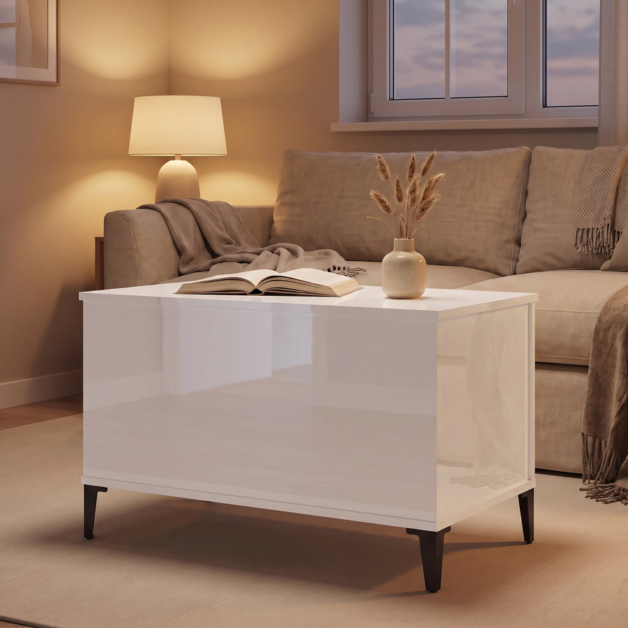 Table basse relevable Elva blanc brillant fermée, salon au crépuscule