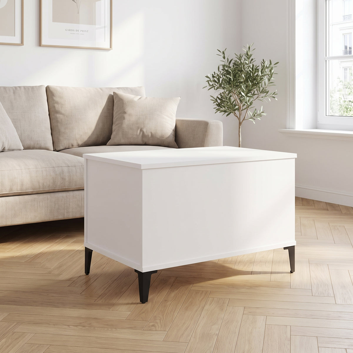 Table basse relevable Elva blanc dans un salon lumineux #Dimensions_60 × 44,5 × 45 cm #Couleur_Blanc