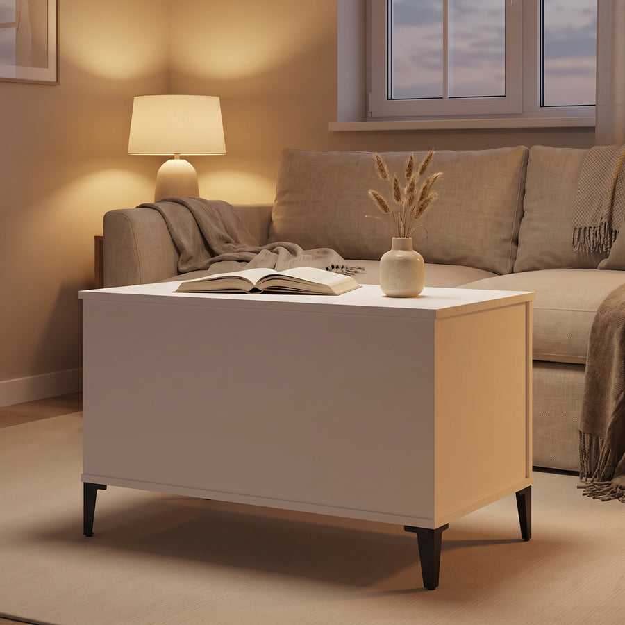 Table basse relevable Elva blanc fermée, salon au crépuscule