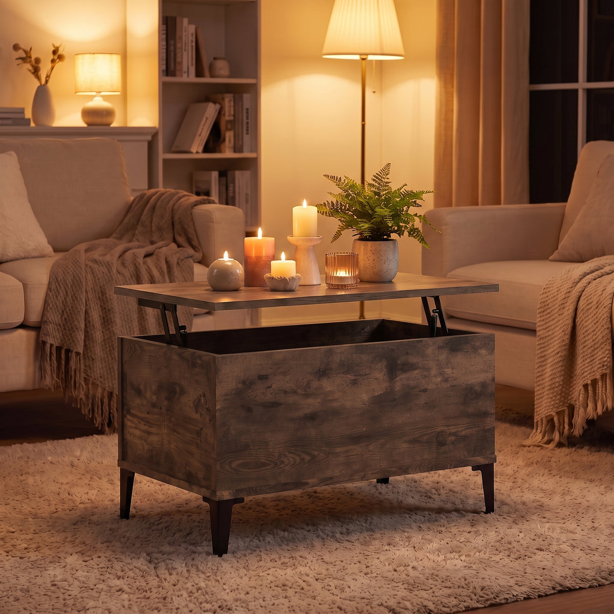 Table basse relevable Elva chêne fumé, ambiance du soir aux bougies #Dimensions_90 × 44,5 × 45 cm #Couleur_Chêne fumé
