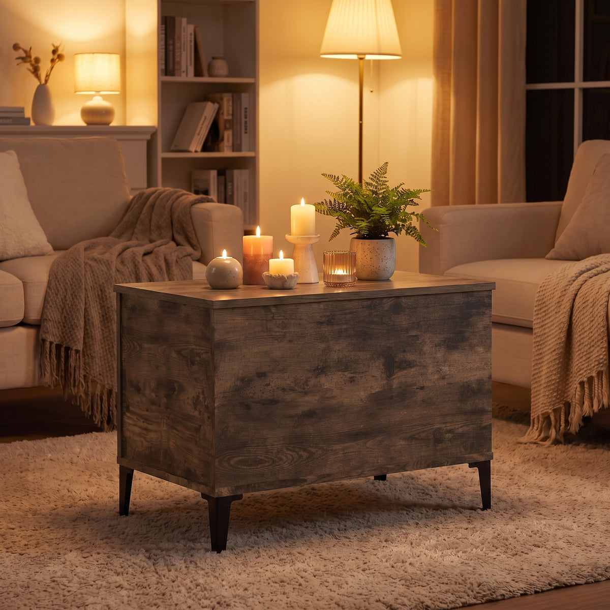 Table basse relevable Elva chêne fumé, ambiance du soir aux bougies #Dimensions_60 × 44,5 × 45 cm #Couleur_Chêne fumé
