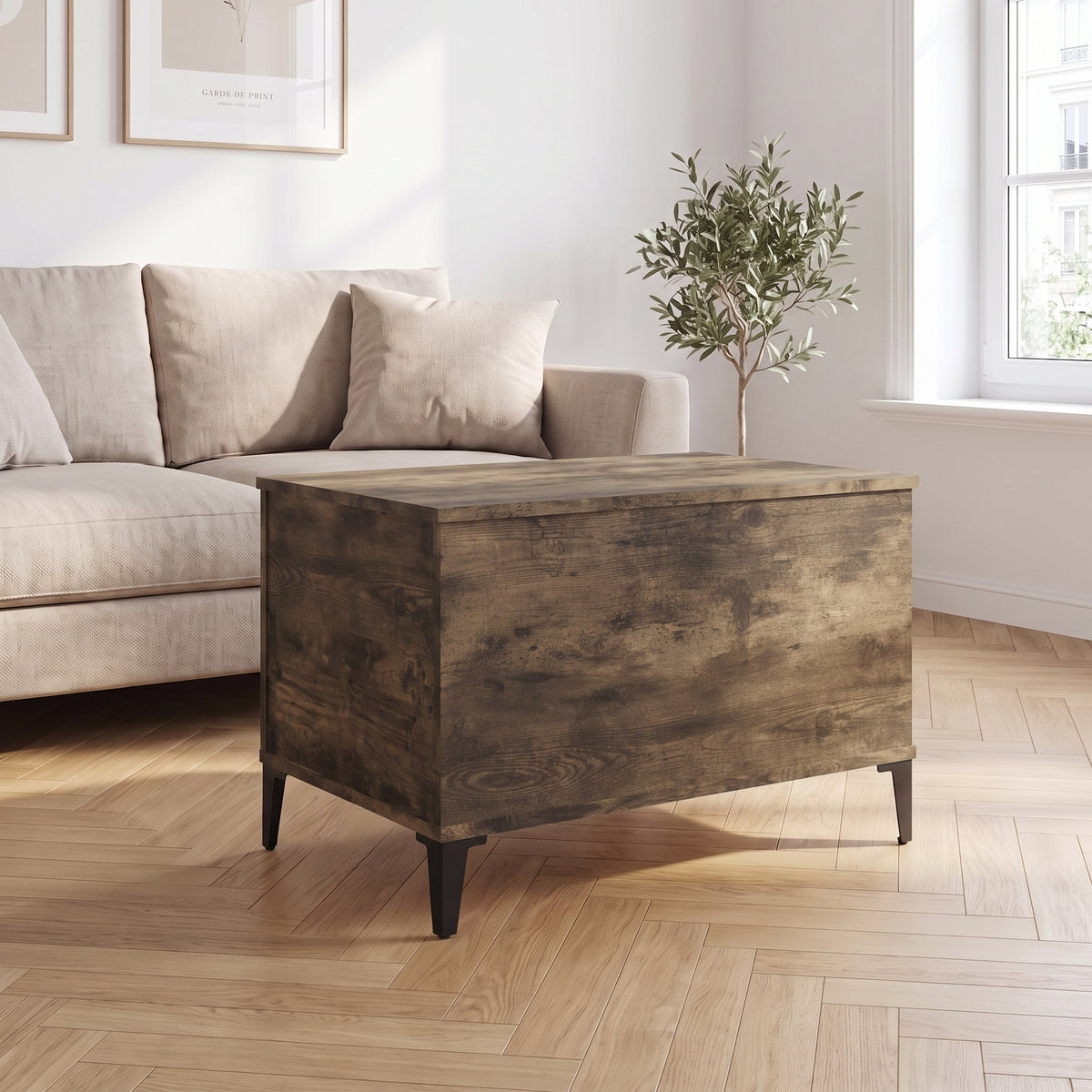 Table basse relevable Elva chêne fumé dans un salon lumineux #Dimensions_60 × 44,5 × 45 cm #Couleur_Chêne fumé