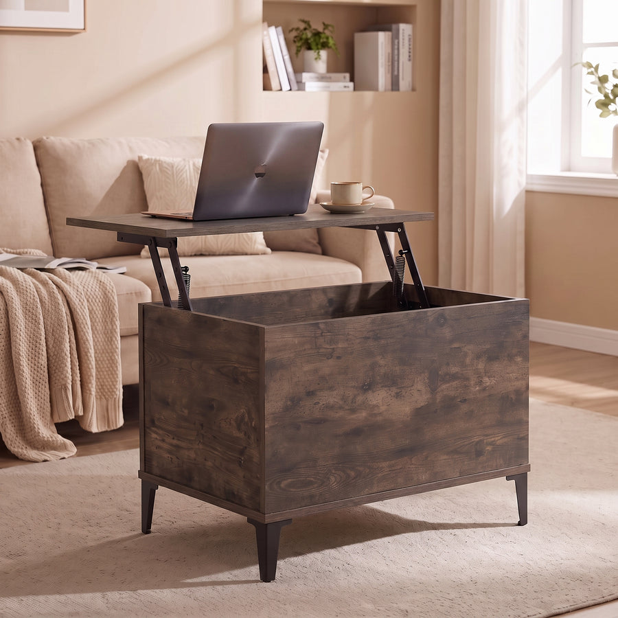 Table basse relevable Elva chêne fumé, plateau relevé en bureau d’appoint