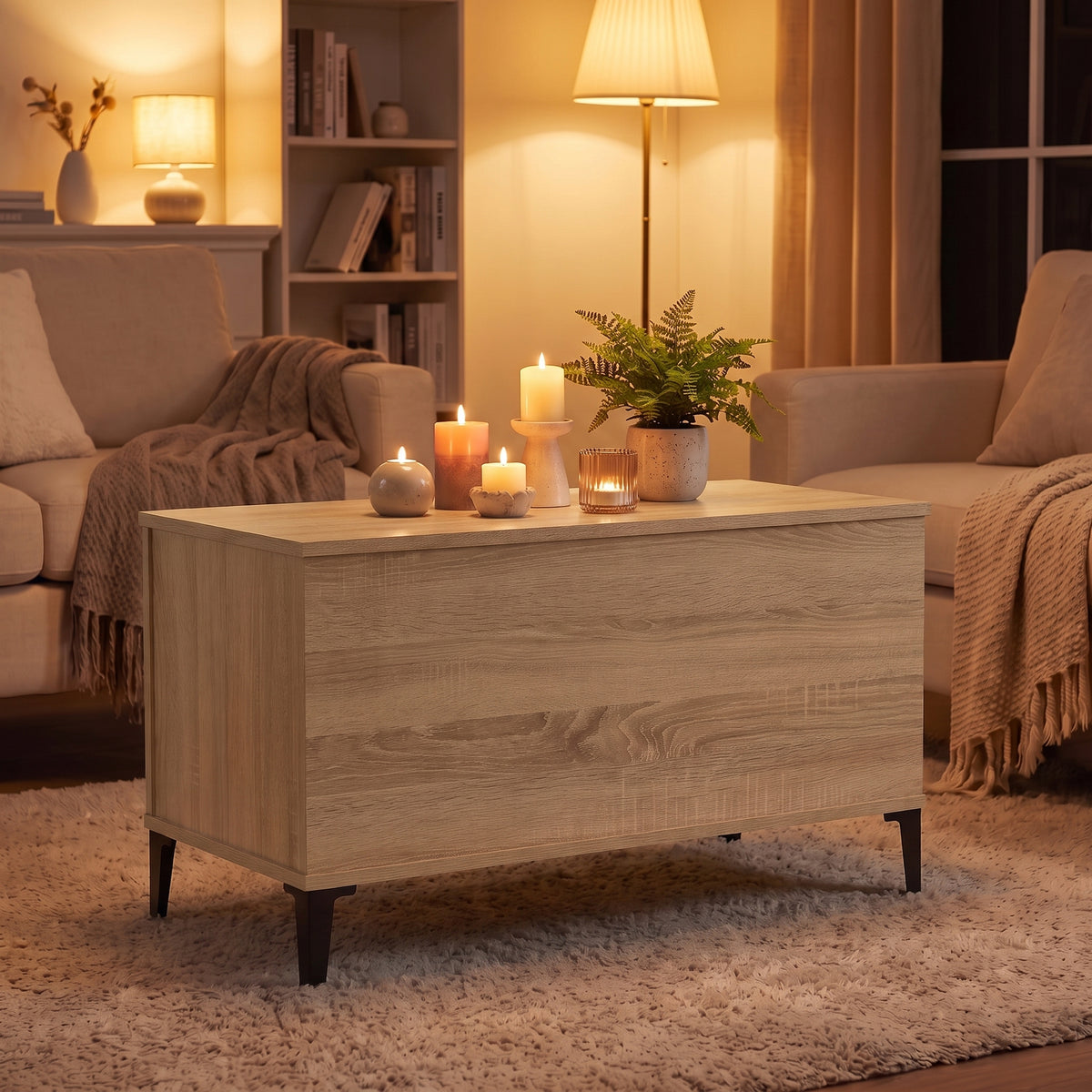 Table basse relevable Elva chêne sonoma, ambiance du soir aux bougies #Dimensions_90 × 44,5 × 45 cm #Couleur_Chêne sonoma