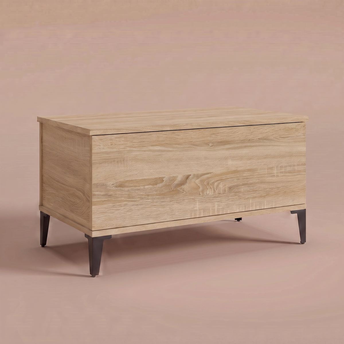 Table basse relevable Elva chêne sonoma fermée, pieds effilés en métal noir #Dimensions_90 × 44,5 × 45 cm #Couleur_Chêne sonoma