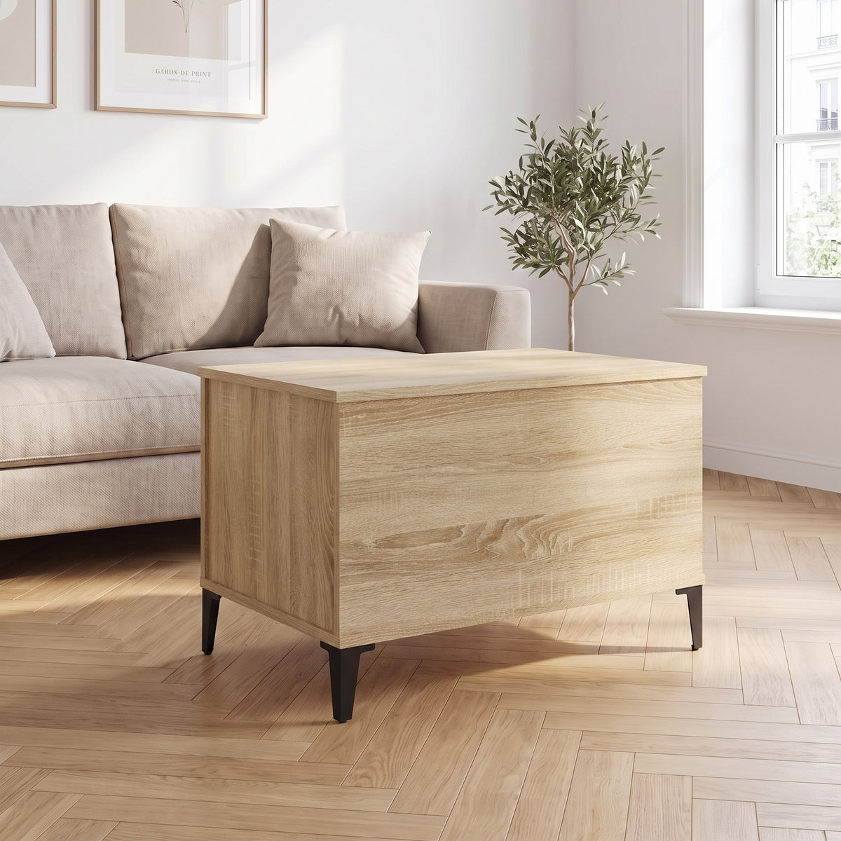 Table basse relevable Elva chêne sonoma dans un salon lumineux #Dimensions_60 × 44,5 × 45 cm #Couleur_Chêne sonoma