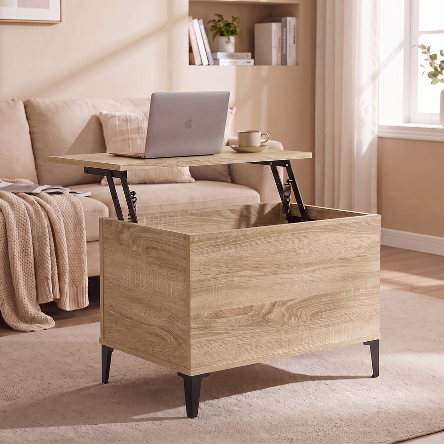 Table basse relevable Elva chêne sonoma, plateau relevé en bureau d’appoint