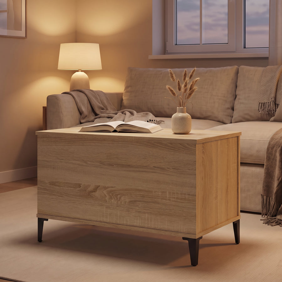 Table basse relevable Elva chêne sonoma fermée, salon au crépuscule