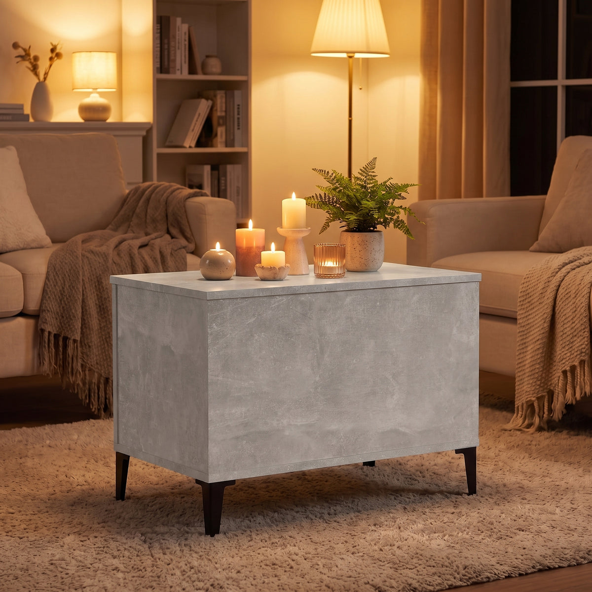 Table basse relevable Elva gris béton, ambiance du soir aux bougies #Dimensions_60 × 44,5 × 45 cm #Couleur_Gris béton