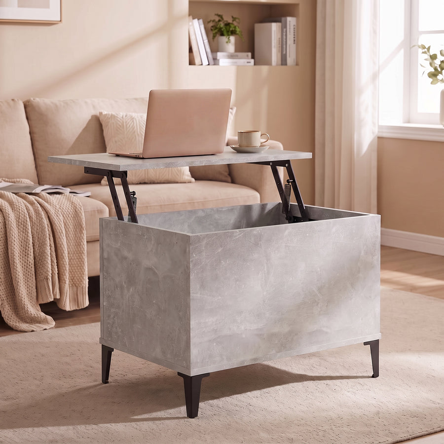 Table basse relevable Elva gris béton, plateau relevé en bureau d’appoint