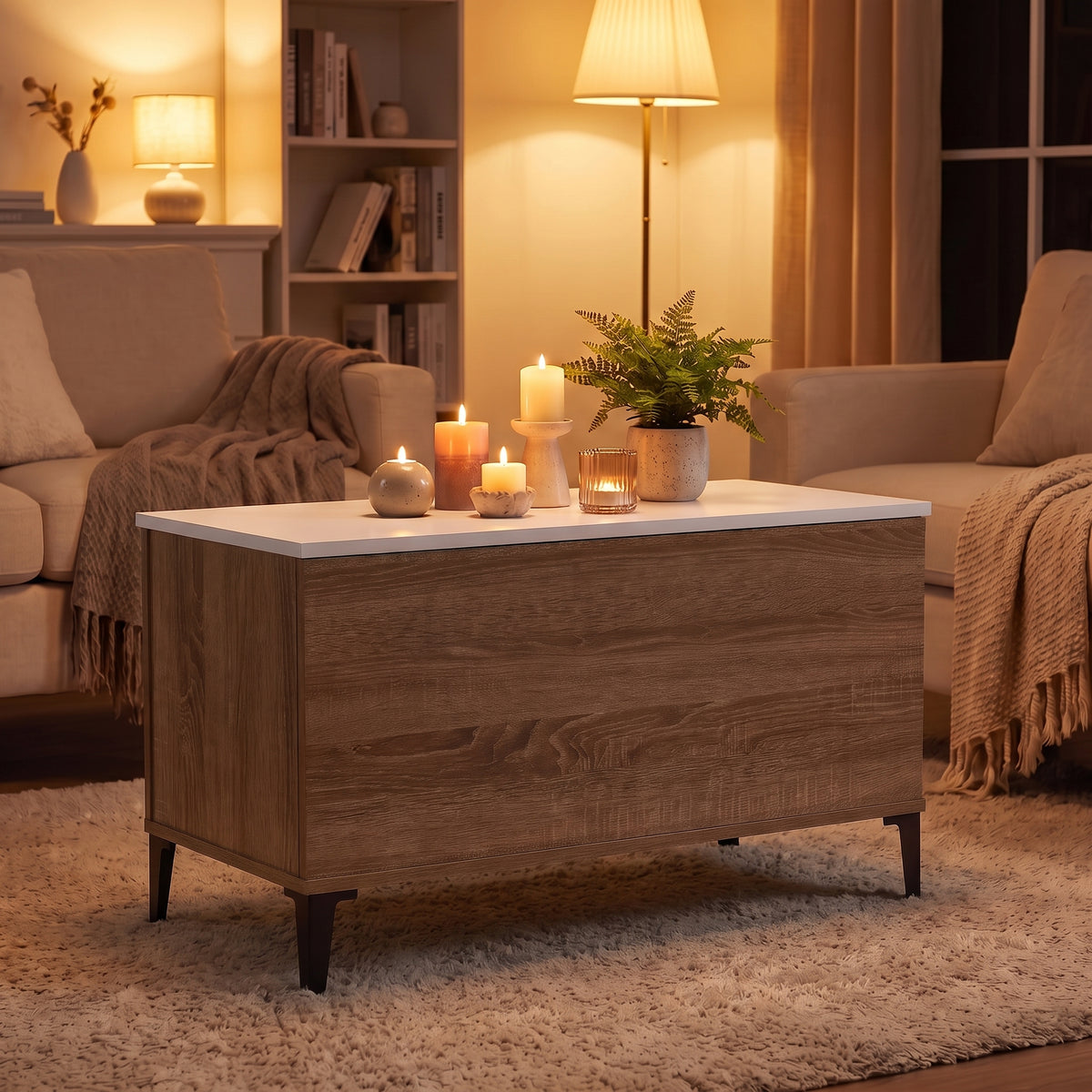 Table basse relevable Elva chêne marron, ambiance du soir aux bougies #Dimensions_90 × 44,5 × 45 cm #Couleur_Chêne marron