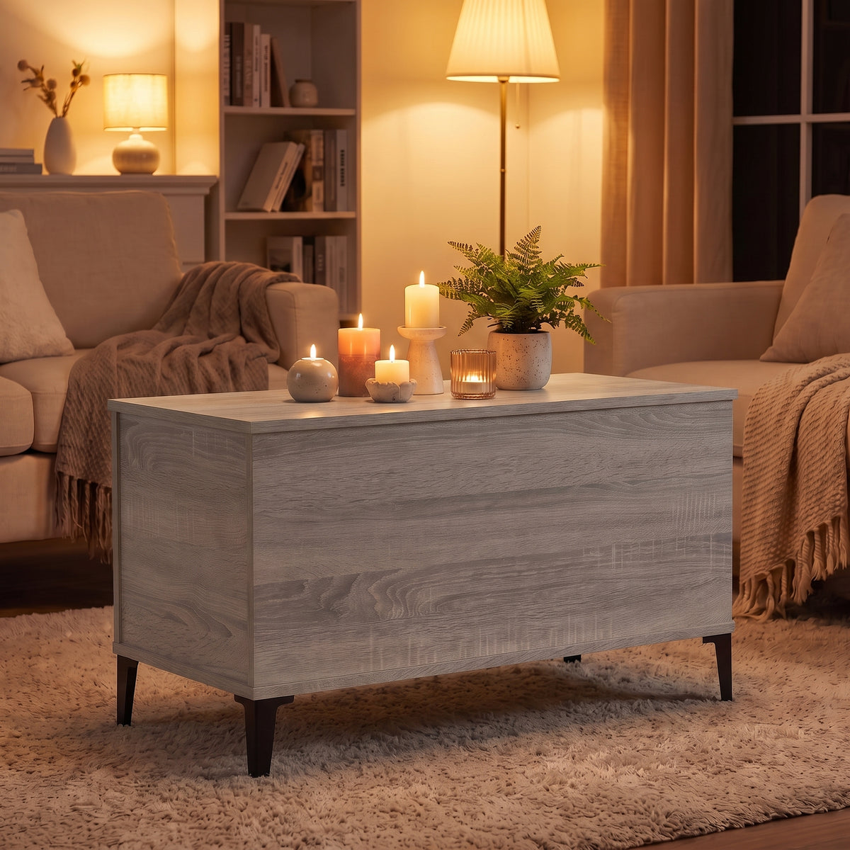 Table basse relevable Elva sonoma gris, ambiance du soir aux bougies #Dimensions_90 × 44,5 × 45 cm #Couleur_Sonoma gris