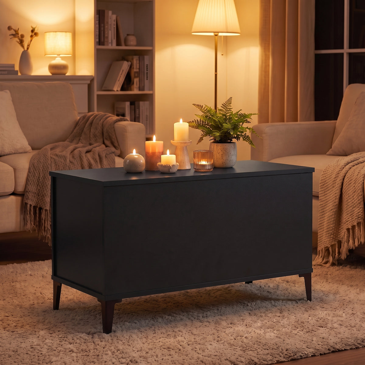 Table basse relevable Elva noir, ambiance du soir aux bougies #Dimensions_90 × 44,5 × 45 cm #Couleur_Noir