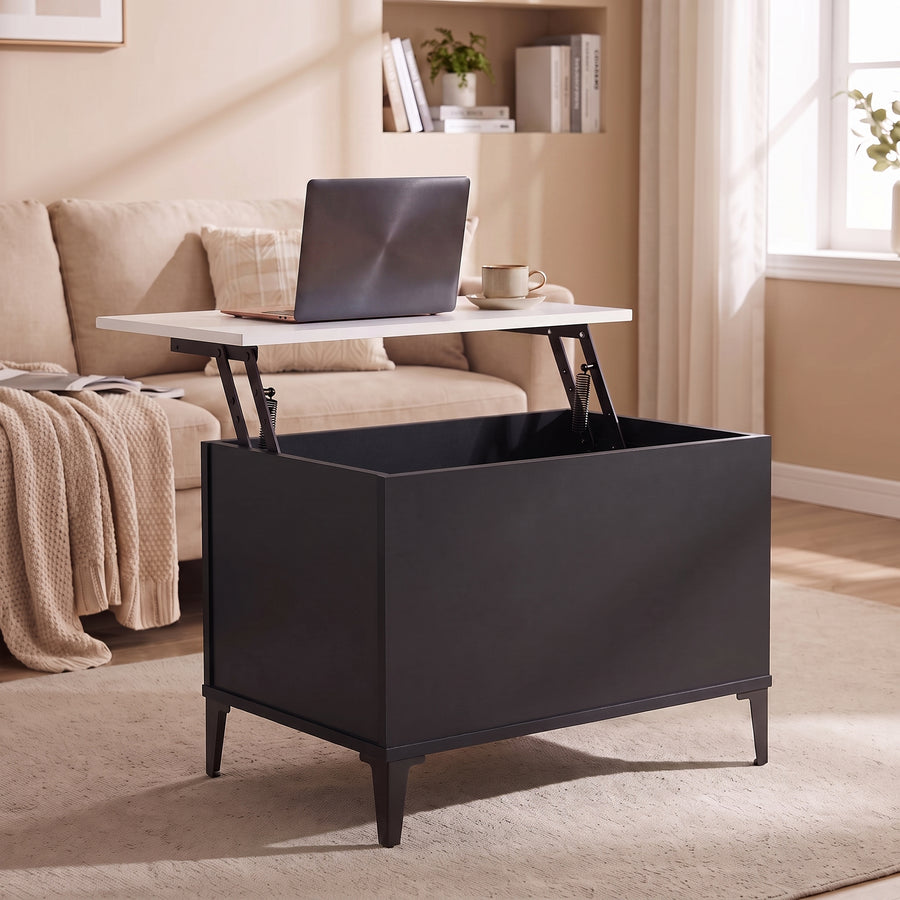 Table basse relevable Elva noir, plateau relevé en bureau d’appoint