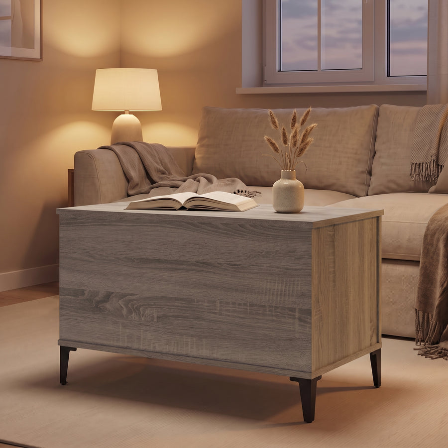 Table basse relevable Elva sonoma gris fermée, salon au crépuscule