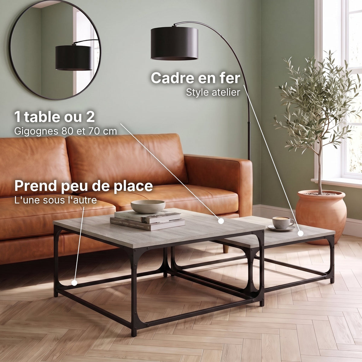 Tables basses gigognes carrées Gemella sonoma gris : 1 table ou 2 (Gigognes 80 et 70 cm), cadre en fer (Style atelier), prend peu de place (L'une sous l'autre) #Couleur_Sonoma Gris
