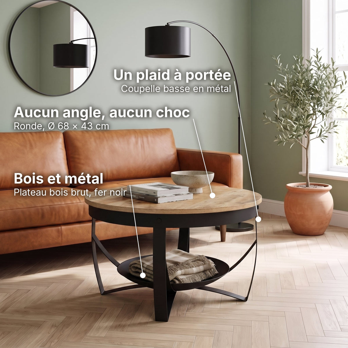 Table basse ronde industrielle bois et métal Halo bois naturel : aucun angle, aucun choc (Ronde, Ø 68 × 43 cm), un plaid à portée (Coupelle basse en métal), bois et métal (Plateau bois brut, fer noir) #Couleur_Bois naturel
