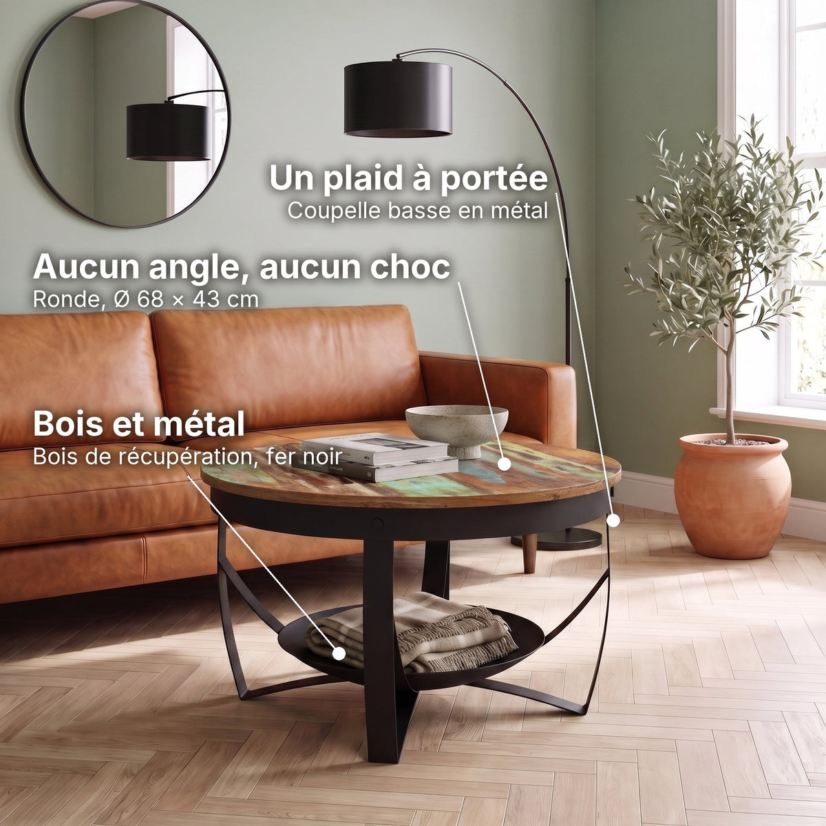 Table basse ronde industrielle bois et métal Halo bois coloré : aucun angle, aucun choc (Ronde, Ø 68 × 43 cm), un plaid à portée (Coupelle basse en métal), bois et métal (Bois de récupération, fer noir) #Couleur_Bois coloré