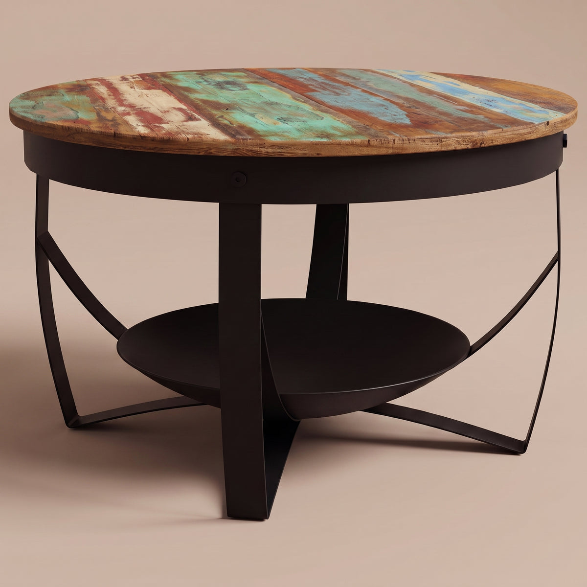 Table basse ronde bois et métal Halo, bois coloré, vue 3/4 #Couleur_Bois coloré