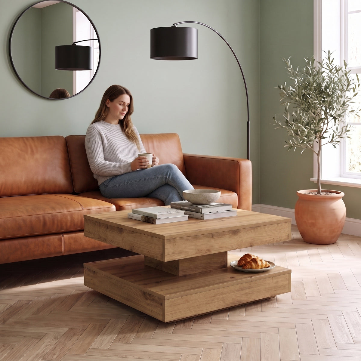 Table basse pivotante décor bois avec rangement Rondo chêne artisanal au quotidien : café du matin depuis le canapé #Couleur_Chêne artisanal