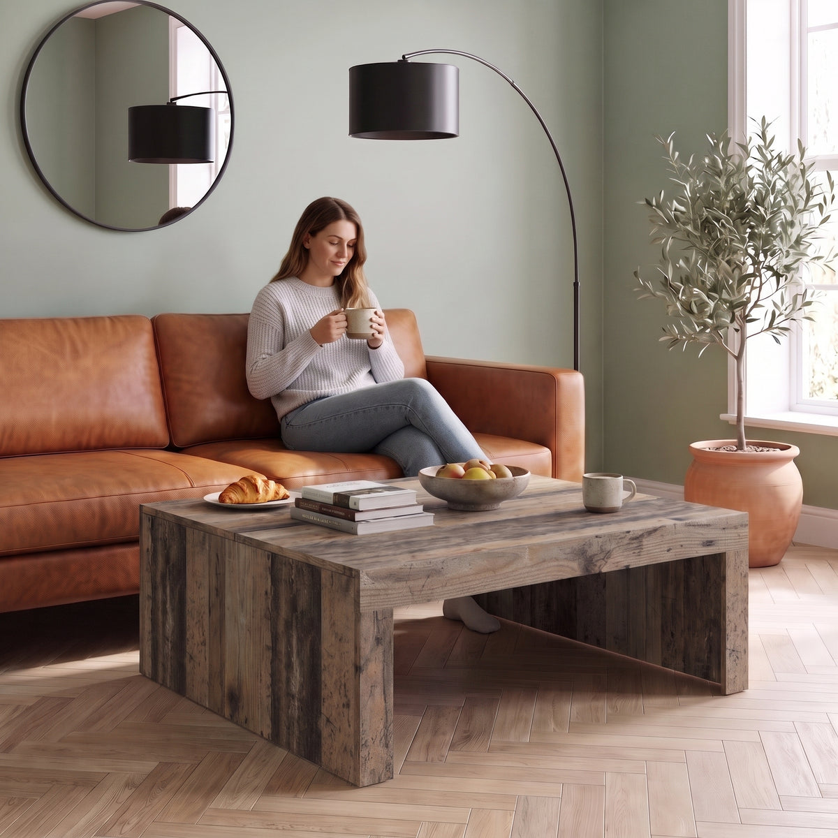 Table basse carrée décor bois 100x100 Carmo bois ancien au quotidien : café du matin depuis le canapé #Couleur_Bois ancien