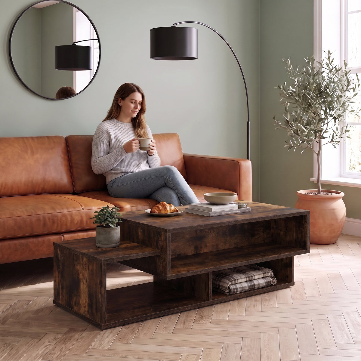 Table basse double plateau décor bois Mezza chêne fumé au quotidien : café du matin depuis le canapé #Couleur_Chêne fumé