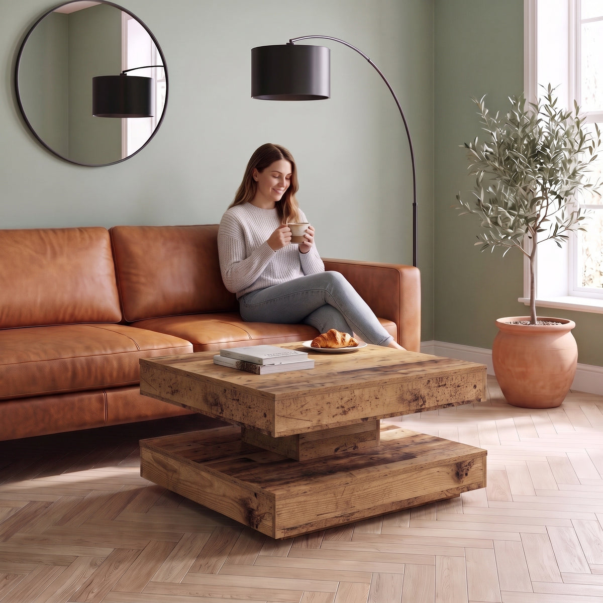 Table basse pivotante décor bois avec rangement Rondo vieux bois au quotidien : café du matin depuis le canapé #Couleur_Vieux bois