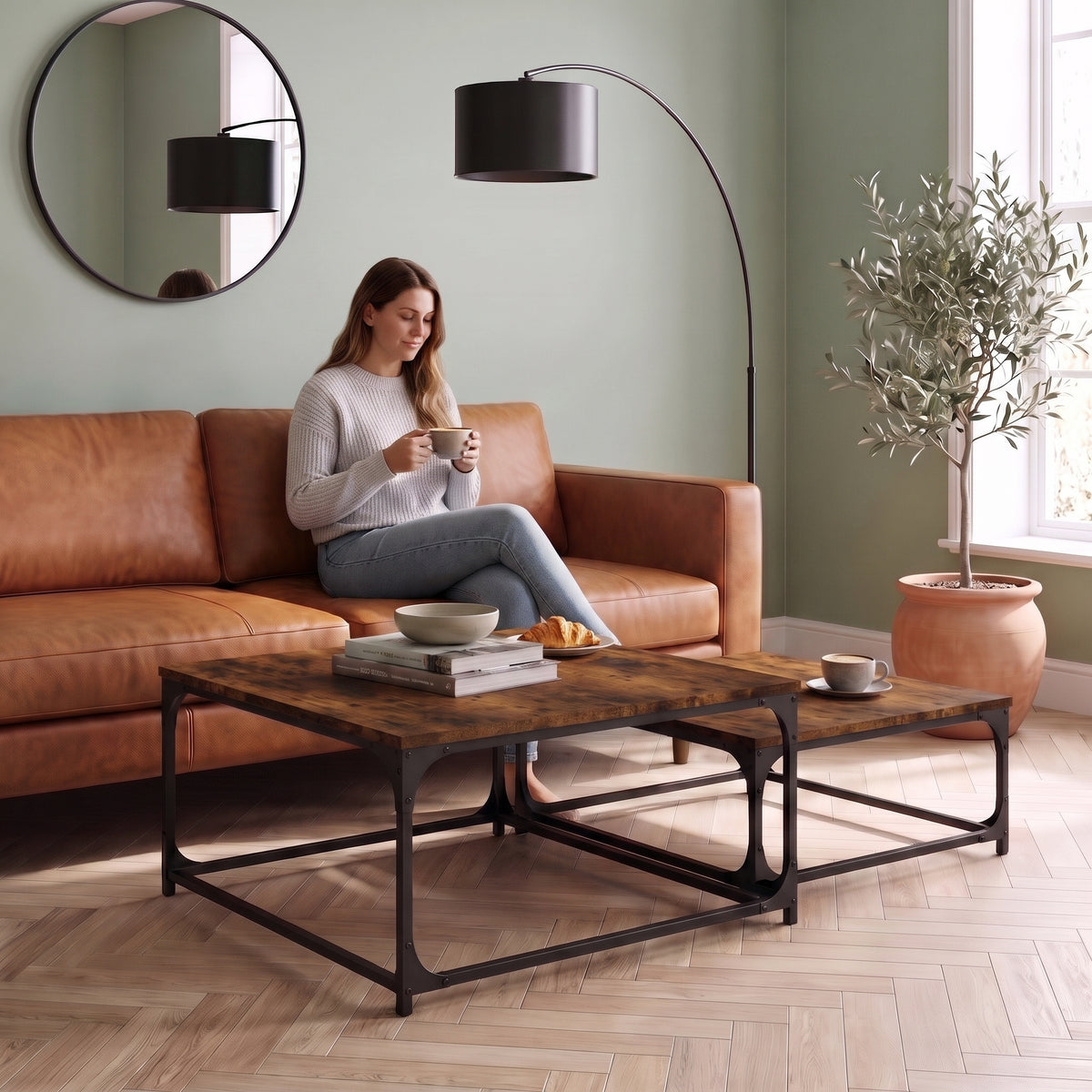 Tables basses gigognes carrées décor bois Duetta chêne fumé au quotidien : café du matin depuis le canapé #Couleur_Chêne fumé