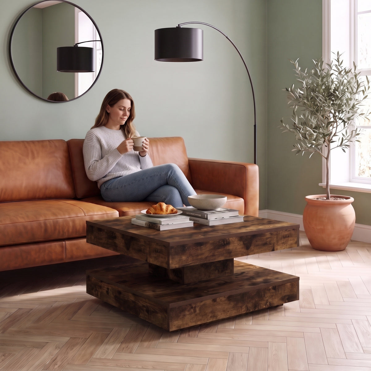 Table basse pivotante décor bois avec rangement Rondo chêne fumé au quotidien : café du matin depuis le canapé #Couleur_Chêne fumé