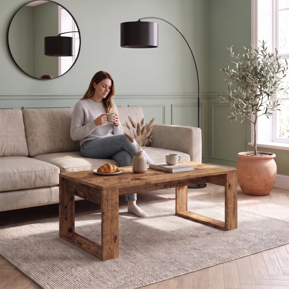 Table basse rectangulaire décor bois 102 cm Arlon vieux bois au quotidien : café du matin depuis le canapé #Couleur_Vieux bois
