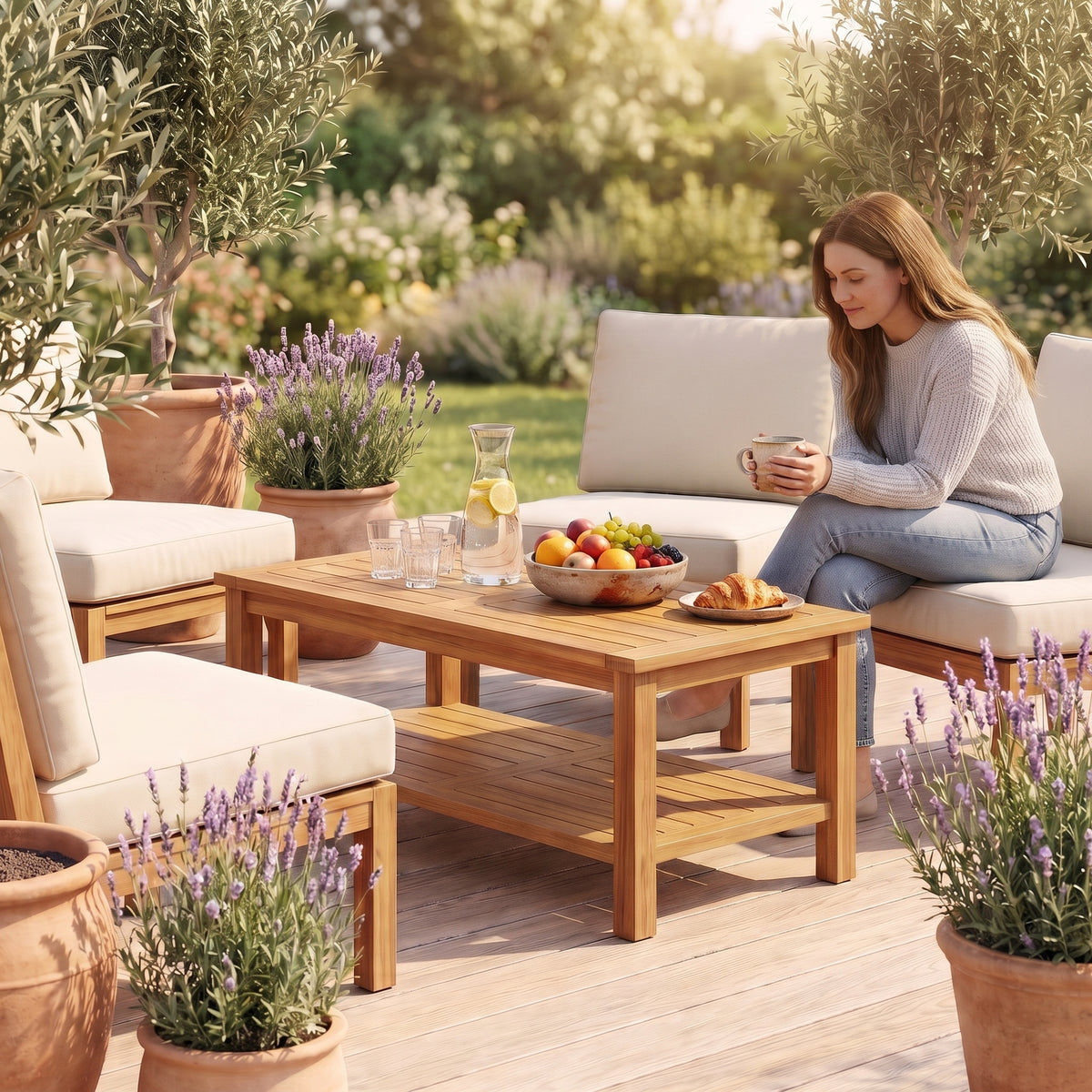 Table basse de jardin en teck massif Timba 70 × 40 × 45 cm au quotidien : café du matin au jardin #Dimensions_70 × 40 × 45 cm
