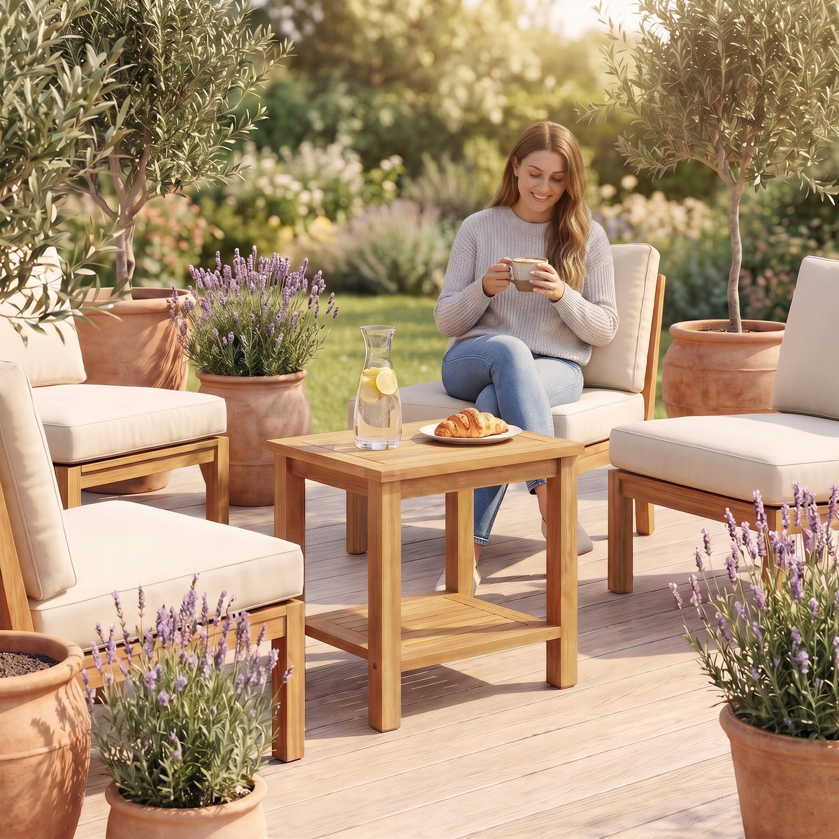 Table basse de jardin en teck massif Timba 50 × 35 × 45 cm au quotidien : café du matin au jardin #Dimensions_50 × 35 × 45 cm