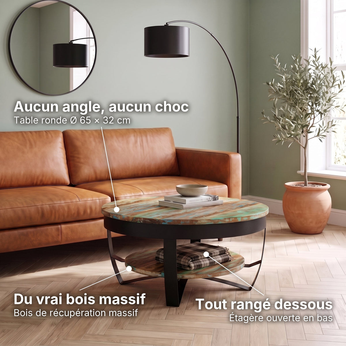 Table basse ronde Lunaria bois coloré : aucun angle (Ø 65 × 32 cm), bois de récupération massif, étagère ouverte en bas #Couleur_Bois coloré