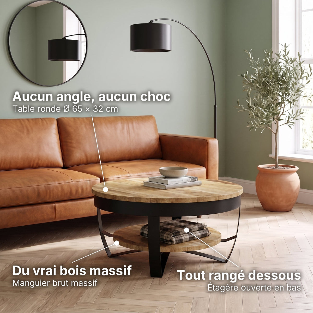 Table basse ronde Lunaria bois naturel : aucun angle (Ø 65 × 32 cm), manguier brut massif, étagère ouverte en bas #Couleur_Bois naturel