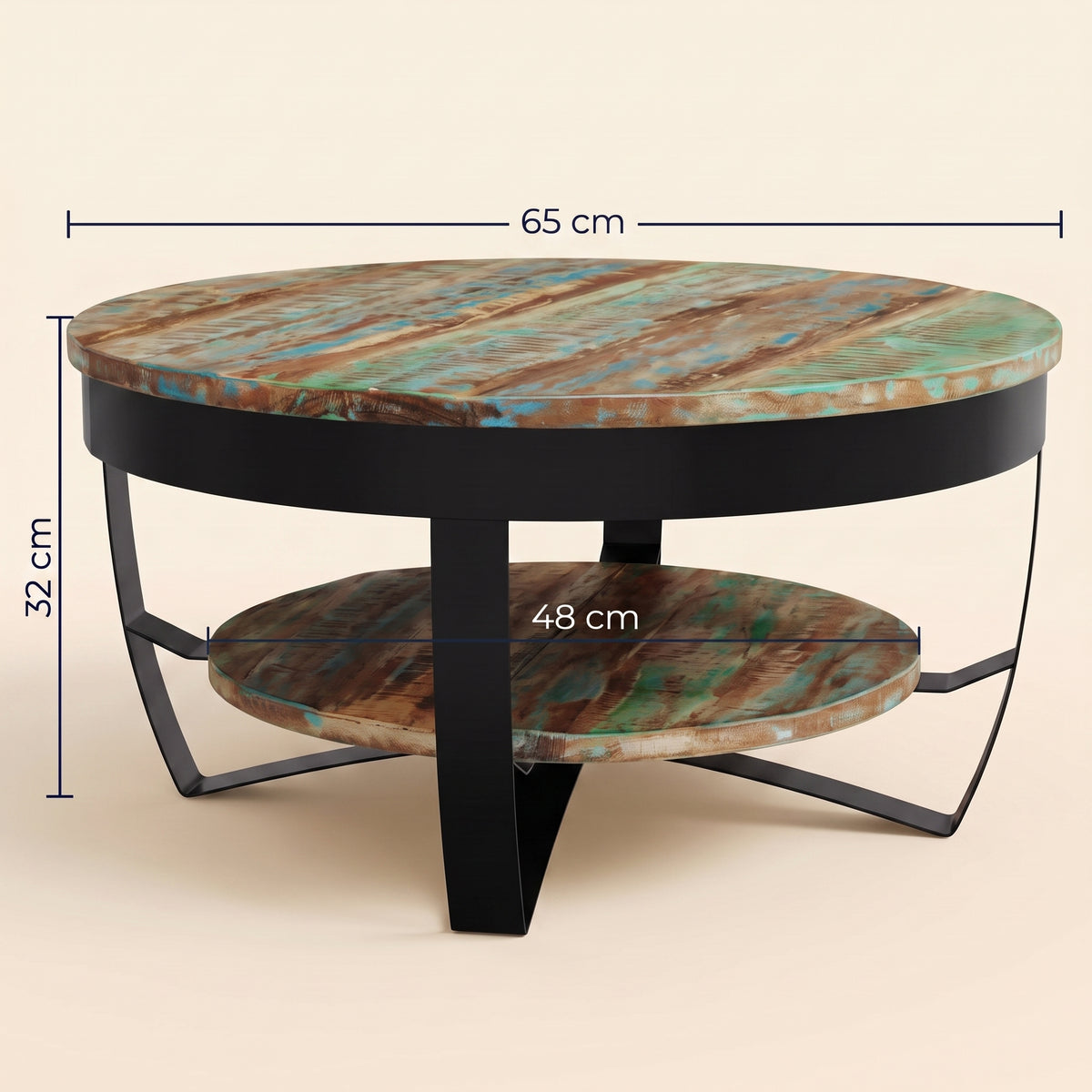 Dimensions de la table Lunaria : 65 cm de diamètre, 32 cm de haut #Couleur_Bois coloré