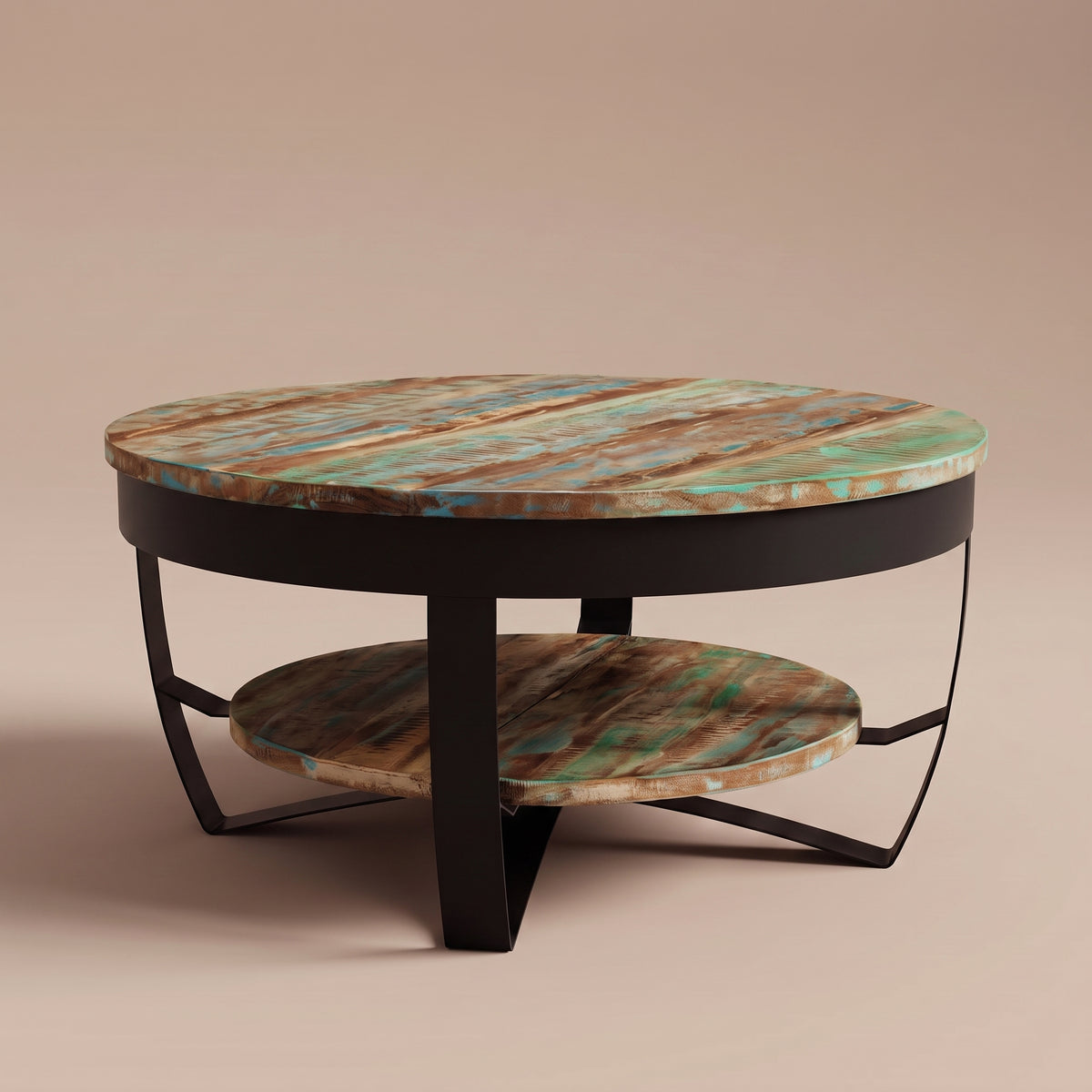 Table basse ronde en manguier Lunaria, bois coloré, vue 3/4 #Couleur_Bois coloré