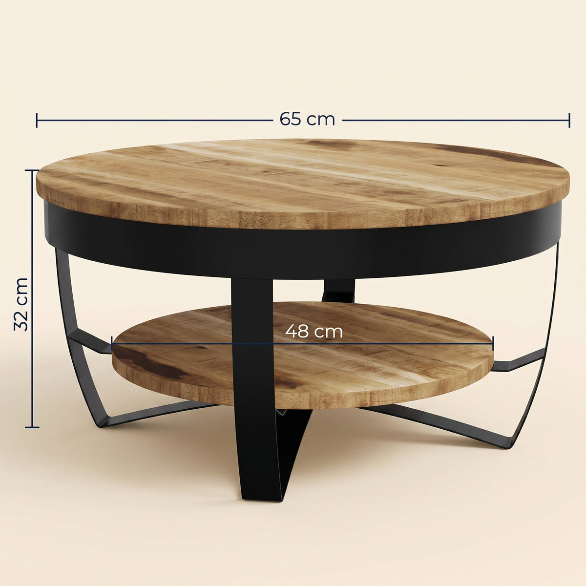 Dimensions de la table Lunaria : 65 cm de diamètre, 32 cm de haut #Couleur_Bois naturel