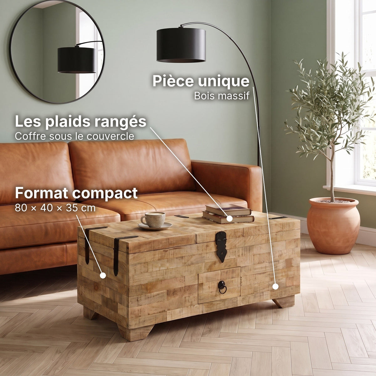 Table basse coffre en bois massif Madera bois naturel : les plaids rangés (Coffre sous le couvercle), pièce unique (Bois massif), format compact (80 × 40 × 35 cm) #Couleur_Bois naturel