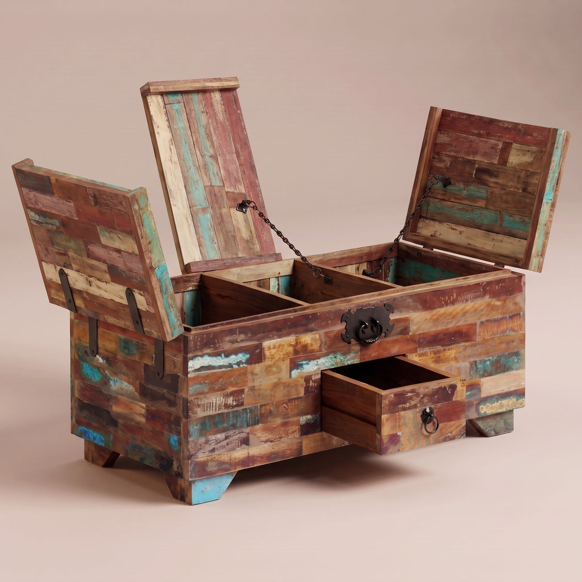 Table Madera bois coloré ouverte : deux volets sur chaînettes et tiroir #Couleur_Bois coloré