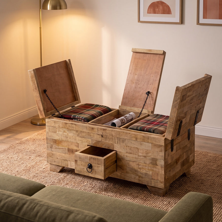 Une table basse coffre en manguier massif
