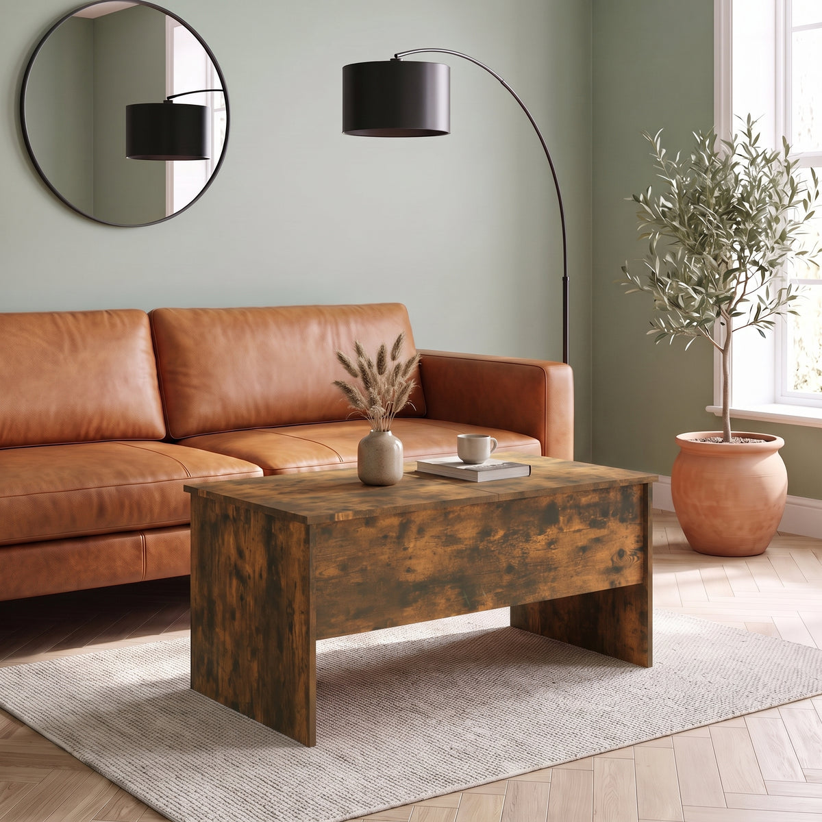 Table relevable Maela, chêne fumé, 102 × 50,5 × 46,5 cm, dans un salon en journée #Couleur_Chêne fumé #Dimensions_102 × 50,5 × 46,5 cm