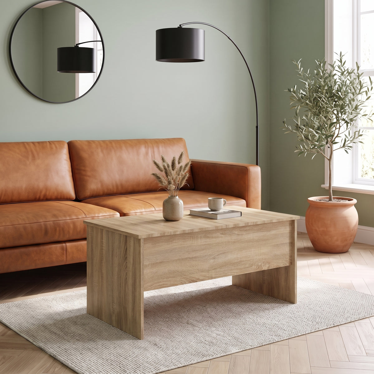 Table relevable Maela, chêne sonoma, 102 × 50,5 × 46,5 cm, dans un salon en journée #Couleur_Chêne Sonoma #Dimensions_102 × 50,5 × 46,5 cm