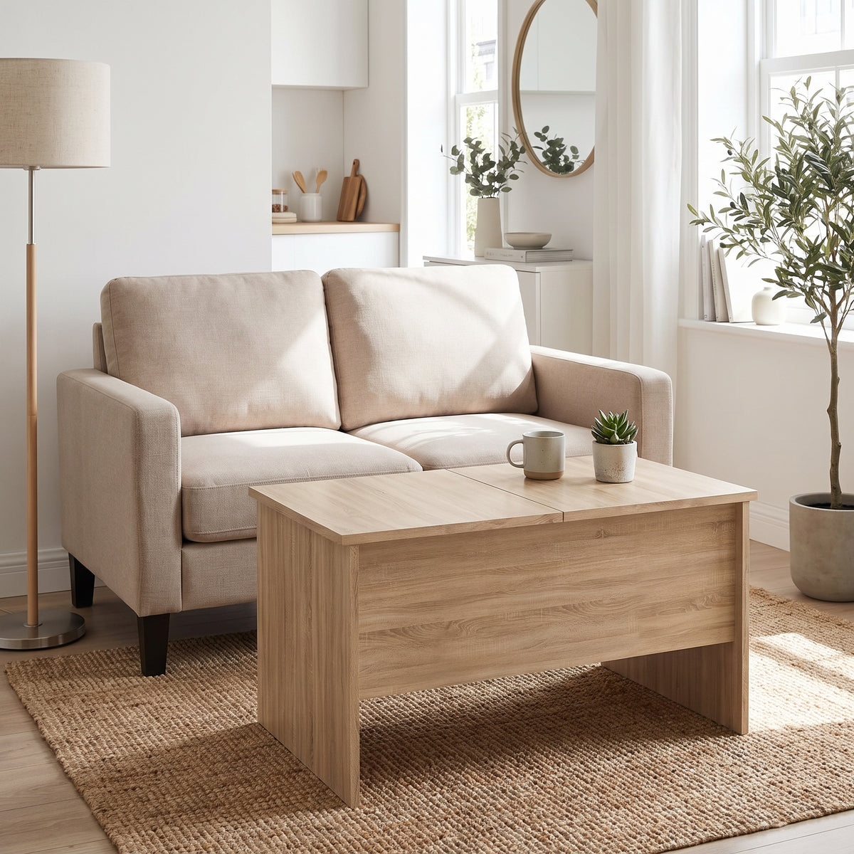 Table relevable Maela, chêne sonoma, 80 × 50,5 × 41,5 cm, dans un salon en journée #Couleur_Chêne Sonoma #Dimensions_80 × 50,5 × 41,5 cm