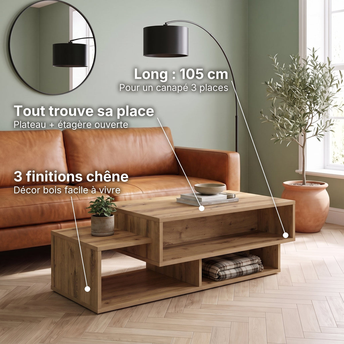 Table basse double plateau décor bois Mezza chêne artisanal : tout trouve sa place (Plateau + étagère ouverte), long : 105 cm (Pour un canapé 3 places), 3 finitions chêne (Décor bois facile à vivre) #Couleur_Chêne artisanal