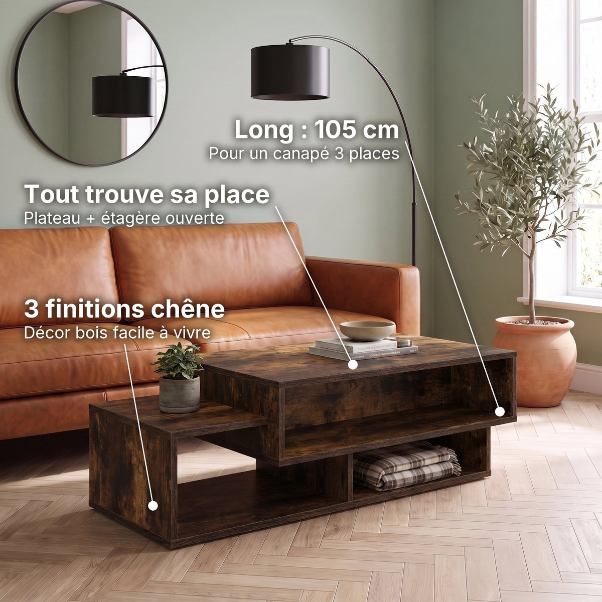 Table basse double plateau décor bois Mezza chêne fumé : tout trouve sa place (Plateau + étagère ouverte), long : 105 cm (Pour un canapé 3 places), 3 finitions chêne (Décor bois facile à vivre) #Couleur_Chêne fumé
